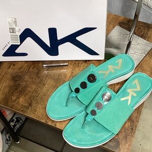 Anne Klein Turquoise Slide Sandals with Black Buttons